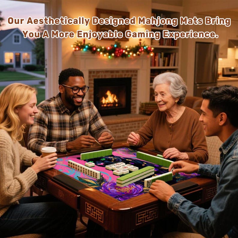 May include: Four people are gathered around a wooden Mahjong table with a vibrant floral mat. The text above reads, "Our Aesthetically Designed Mahjong Mats Bring You A More Enjoyable Gaming Experience."
