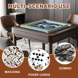 May include: A dark brown wooden game table with a blue and green patterned surface, displaying a Mahjong set. The image also shows poker cards and dominoes, with the text "MULTI-SCENARIO USE", "MAHJONG", "POKER CARDS", and "DOMINO".