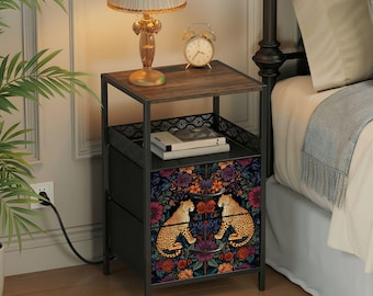 Mid Century Cheetah Nightstand with Charging Station Cottagecore End Table Leopard Bedside Table with USB Ports and Outlets Bedroom Decor