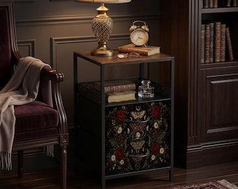 Gothic Nightstand with Charging Station Celestial Moth and Moon Phase End Table Bedside Table with USB Ports and Outlets Bedroom Decor