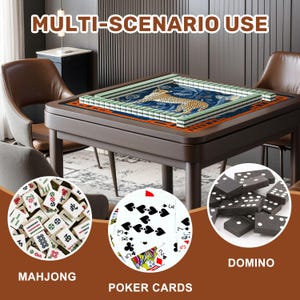 May include: A dark brown wooden game table with a blue and orange patterned surface, featuring a mahjong set, poker cards, and dominoes. The text "MULTI-SCENARIO USE" is displayed at the top of the image.