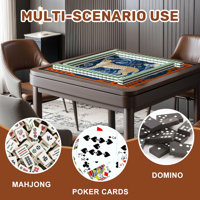 May include: A dark brown wooden game table with a blue and orange patterned surface, featuring a mahjong set, poker cards, and dominoes. The text "MULTI-SCENARIO USE" is displayed at the top of the image.