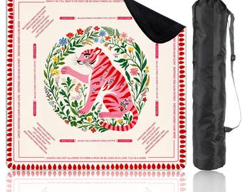 Preppy Chinoiserie Tiger Mahjong Mat with Charleston Guides Pink Floral Game Night Tile Game Table Mat Gift for Players or Hosts