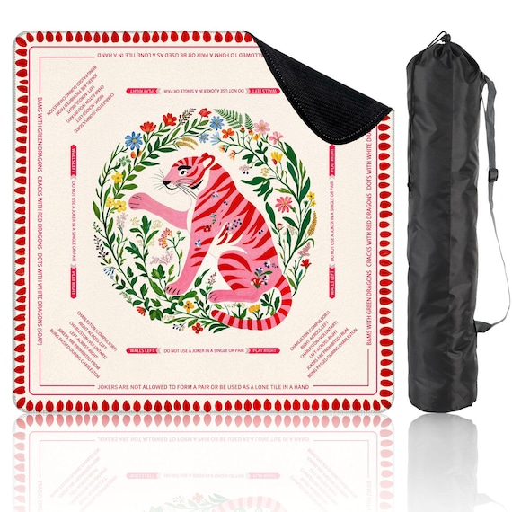 Preppy Chinoiserie Tiger Mahjong Mat with Charleston Guides Pink Floral Game Night Tile Game Table Mat Gift for Players or Hosts