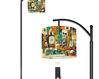 Mid Century Modern Arc Floor Lamp with Remote, Retro Atomic Opossum Lamp Shade, Groovy Reading Light (Made in USA)