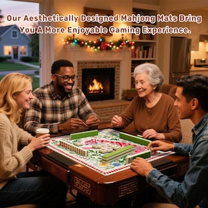 May include: A group of four people playing mahjong around a wooden table. The table has a floral patterned mat with green and white tiles. The text at the top says, "Our Aesthetically Designed Mahjong Mats Bring You A More Enjoyable Gaming Experience."