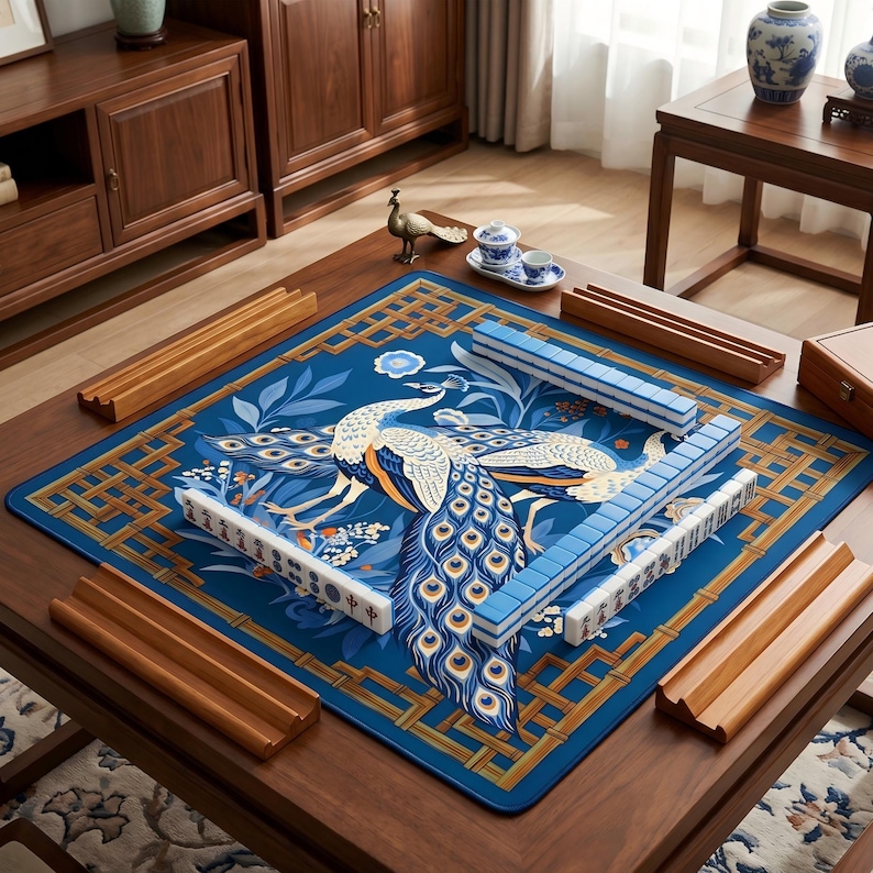 May include: A Mahjong set on a wooden table. The blue playing surface features a peacock design. Wooden tile racks and blue and white tiles are arranged on the table. The table is surrounded by wooden furniture.