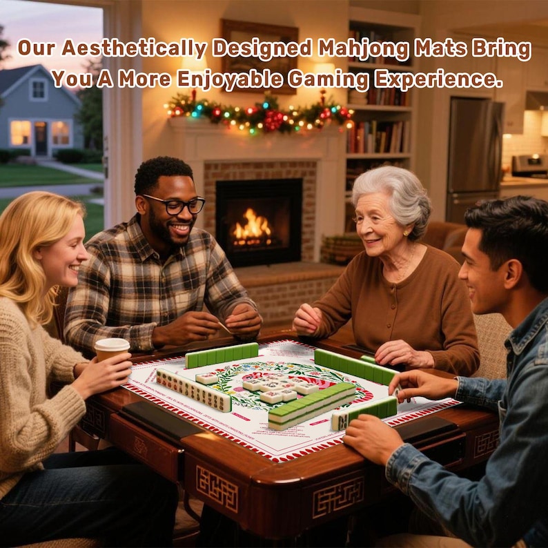 Peut inclure: Quatre personnes jouent au Mahjong autour d'une table en bois. La table est orn&eacute;e d'un tapis d&eacute;coratif avec un motif floral et des tuiles vertes et blanches. Le texte sur l'image se lit : "Nos tapis de Mahjong au design esth&eacute;tique vous offrent une exp&eacute;rience de jeu plus agr&eacute;able."