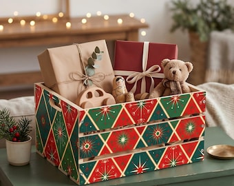 Retro Christmas Wooden Crate, Mid Century Modern Holiday Decor, Atomic Starburst Wood Storage Box, Christmas Eve Gift Basket