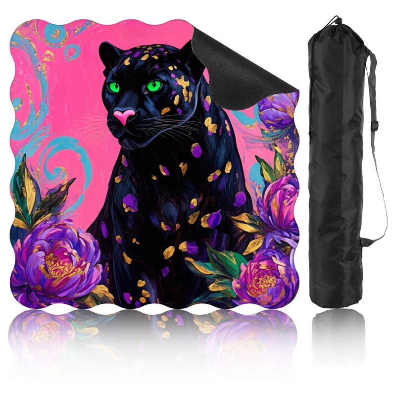 May include: A yoga mat with a black panther design, featuring green eyes, purple spots, and gold details, set against a pink backdrop with floral and swirl patterns. Includes a black carry bag.