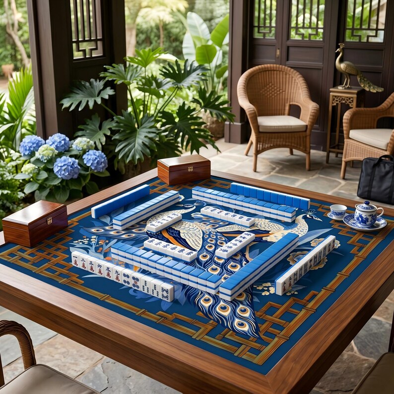 May include: A wooden mahjong table with a blue peacock design. The table is set with white and blue tiles, wooden boxes, and a tea set. The scene is outdoors with wicker chairs and lush greenery.
