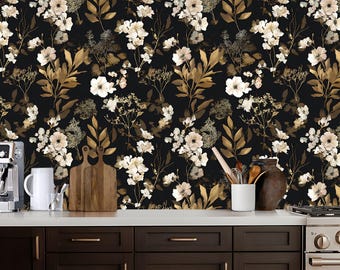 Vintage Wallpaper Peel and Stick Black Floral Wallpaper Gold Leaf Contact Paper Boho Botanical Wall Paper