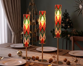 Christmas Hurricane Candle Holder Set of 3, Mid Century Modern Holiday Table Centerpiece, Gold Pillar Taper Candlestick for Xmas Gift