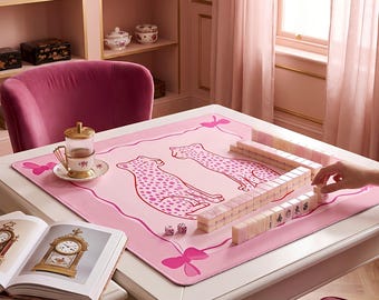 Cheetah Trendy Mahjong Mat with Storage Bag Preppy Leopard Game Night Tile Game Table Mat Y2k Pink Gift for Players or Hosts