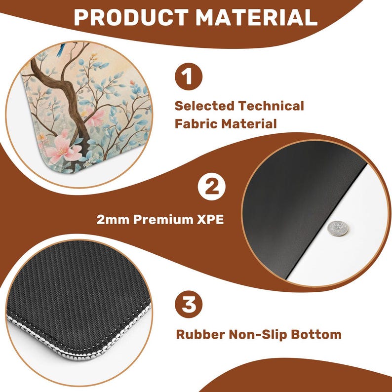 Puede incluir: Una imagen que muestra los materiales de una alfombrilla de rat&oacute;n. Destaca una capa superior con dise&ntilde;o floral, una capa XPE Premium de 2 mm y una base de goma antideslizante. La imagen tambi&eacute;n incluye el texto "Selected Technical Fabric Material".