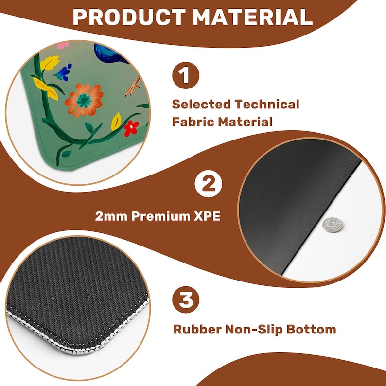 Op de afbeelding: Afbeelding met de productmaterialen van een decoratieve mat. De mat heeft een bloemenontwerp op de bovenste laag, een 2 mm Premium XPE-laag en een rubberen antislip onderkant. Tekst benadrukt het geselecteerde technische materiaal.