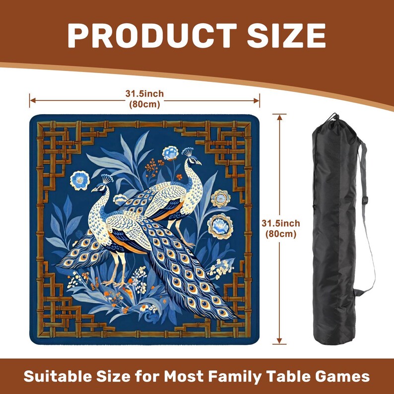 May include: A square, blue game mat with a peacock design, measuring 31.5 inches (80cm) on each side. The mat features a detailed illustration of two peacocks, surrounded by floral and bamboo-style border elements. A black carrying bag is included.