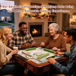 Puede incluir: Cuatro personas juegan al mahjong alrededor de una mesa de madera. La mesa tiene un tapete floral decorativo con fichas verdes y blancas. El texto en la parte superior dice: "Nuestras alfombrillas de mahjong de dise&ntilde;o est&eacute;tico te brindan una experiencia de juego m&aacute;s agradable."