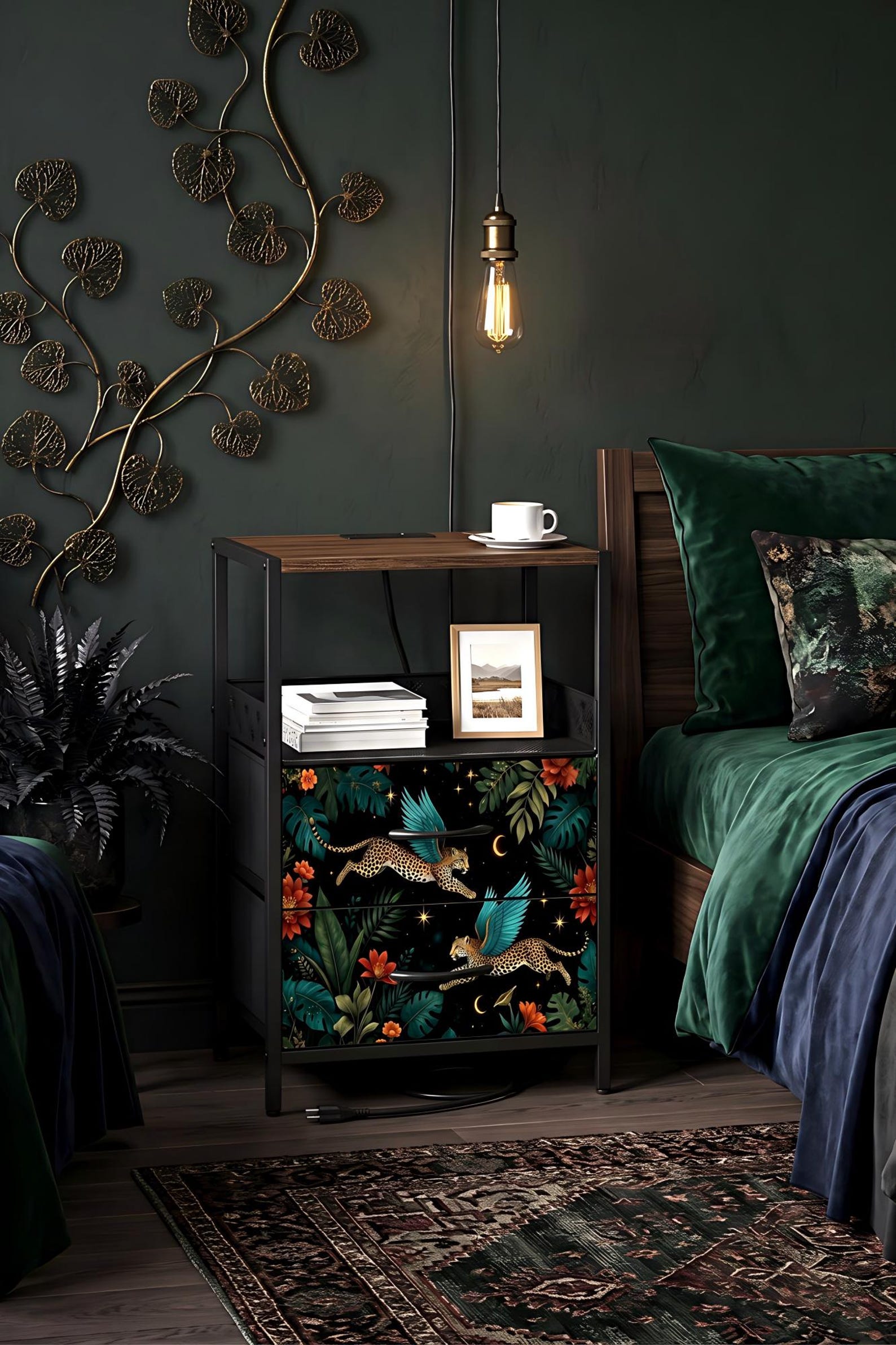 Mid Century Cheetah Nightstand with Charging Station Cottagecore End Table Leopard Bedside Table with USB Ports and Outlets Bedroom Decor