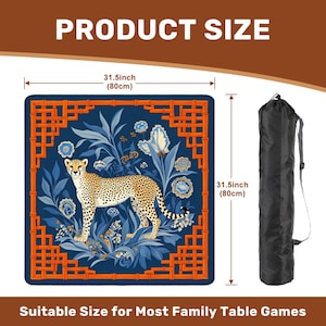 May include: A square, blue game mat with a cheetah design, orange border, and floral accents. The mat measures 31.5 inches (80cm) on each side and comes with a black carrying bag. Text on the image reads "PRODUCT SIZE" and "Suitable Size for Most Family Table Games."