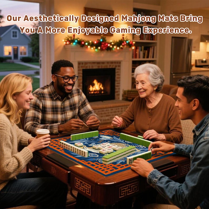 May include: A group of four people playing mahjong around a wooden table. The table has a blue and orange patterned mat with mahjong tiles and racks. The text at the top says, "Our Aesthetically Designed Mahjong Mats Bring You A More Enjoyable Gaming Experience."