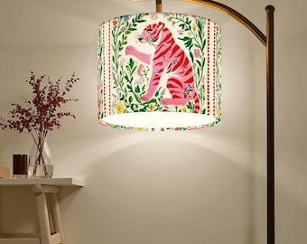Preppy Chinoiserie Tiger Arc Floor Lamp, Pink Tiger Floral Tropical Theme Home Lighting Decor, Standing Lamp (Made in USA)