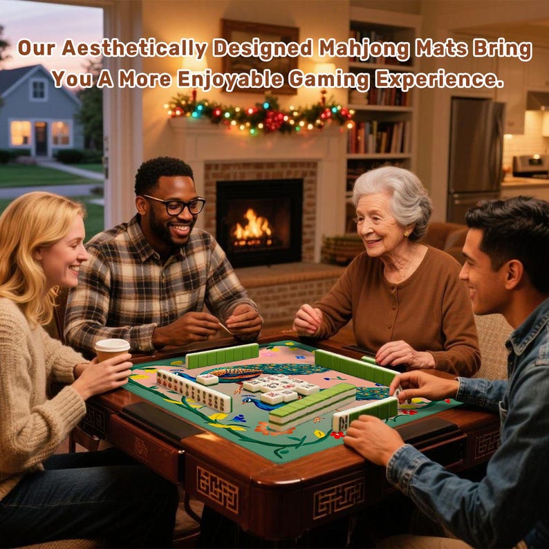 Op de afbeelding: Vier mensen spelen Mahjong rond een houten tafel. De tafel heeft een groene mat met een bloemen- en pauwenontwerp. De tekst bovenaan luidt: "Onze esthetisch ontworpen Mahjong-matten zorgen voor een aangenamere spelervaring."