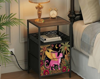 Pink Gold Winged Leopard Nightstand with Charging Station Dark Jungle Tropical Forest End Table with USB Ports and Outlets Bedroom Decor
