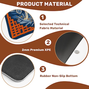 May include: A close-up of a mousepad with a blue floral design and orange geometric accents. The mousepad is made of selected technical fabric material, 2mm premium XPE, and has a rubber non-slip bottom.