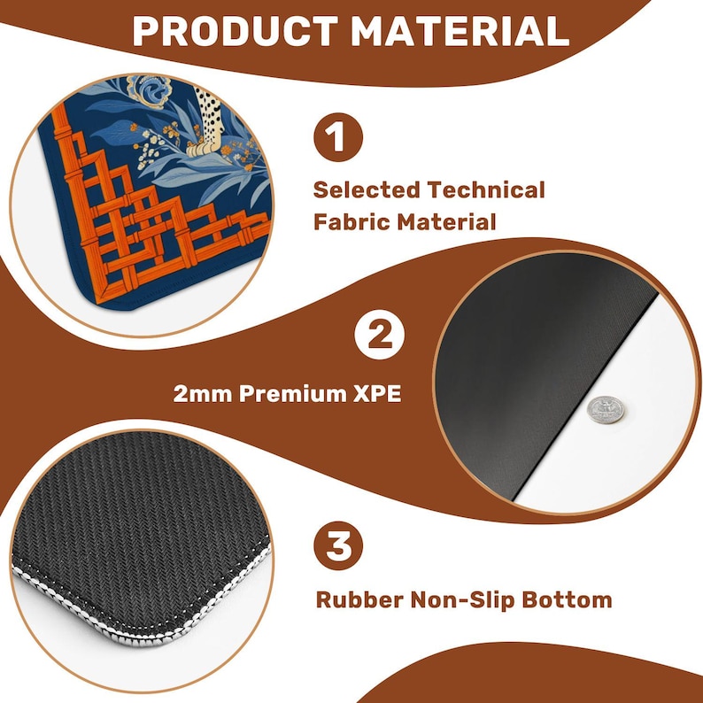 May include: A close-up of a mousepad with a blue floral design and orange geometric accents. The mousepad is made of selected technical fabric material, 2mm premium XPE, and has a rubber non-slip bottom.