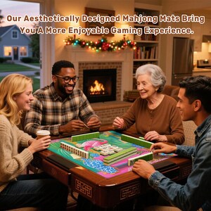 May include: A group of four people playing mahjong on a wooden table. The table has a colorful mat with a flamingo design. The text on the image reads: "Our Aesthetically Designed Mahjong Mats Bring You A More Enjoyable Gaming Experience."