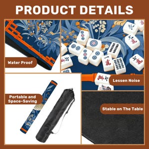 May include: Product details image showing a blue and orange Mahjong set. The set includes a blue mat with a floral design, white tiles with Chinese characters, and a black carrying case. The image highlights features like water resistance and noise reduction.