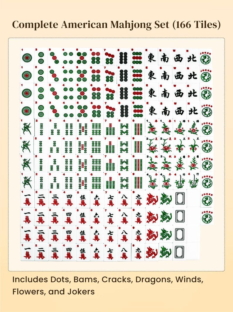 Puede incluir: Juego completo de Mahjong americano con 166 fichas. Las fichas presentan puntos, bams, grietas, dragones, vientos, flores y comodines. El juego incluye fichas con caracteres chinos y marcas rojas y verdes.