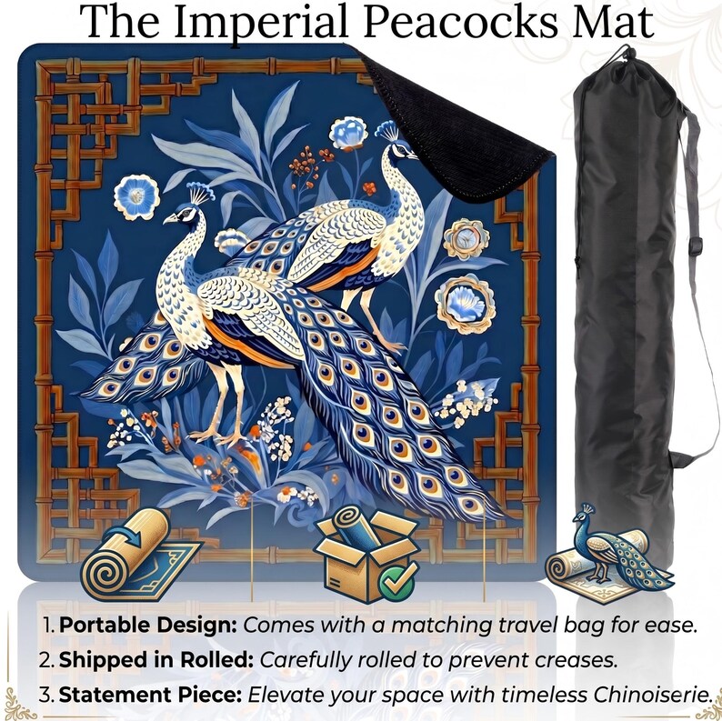 May include: A blue mat with a peacock design. The mat features two peacocks with blue, white, and orange feathers, surrounded by floral and bamboo-style elements. Includes a black carrying bag. The text reads "The Imperial Peacocks Mat".