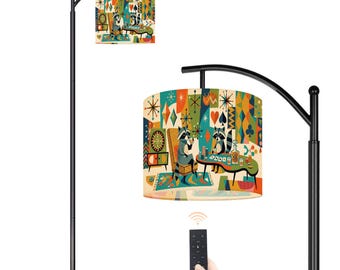 Mid Century Modern Arc Floor Lamp with Remote, Retro Cute Raccoon Lamp Shade, Casino Theme Bedroom Decor (Made in USA)