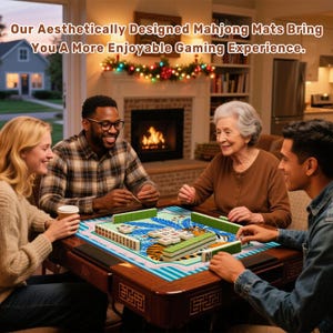 Puede incluir: Cuatro personas jugando al Mahjong alrededor de una mesa de madera. El juego de Mahjong presenta fichas blancas y soportes verdes, colocados sobre una alfombra con estampado azul y naranja. El texto en la parte superior dice: "Nuestras alfombras de Mahjong de dise&ntilde;o est&eacute;tico le brindan una experiencia de juego m&aacute;s agradable."