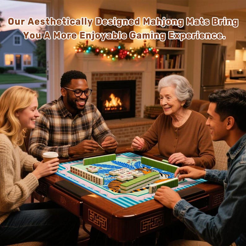 Puede incluir: Cuatro personas jugando al Mahjong alrededor de una mesa de madera. El juego de Mahjong presenta fichas blancas y soportes verdes, colocados sobre una alfombra con estampado azul y naranja. El texto en la parte superior dice: "Nuestras alfombras de Mahjong de dise&ntilde;o est&eacute;tico le brindan una experiencia de juego m&aacute;s agradable."