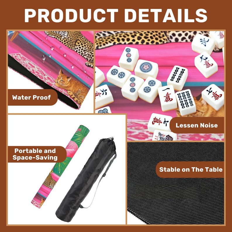May include: Product details image. A rolled-up pink and green mat with a flamingo design and a black carrying case. White Mahjong tiles are scattered on a pink surface. The text reads: Water Proof, Lessen Noise, Portable and Space-Saving, and Stable on The Table.