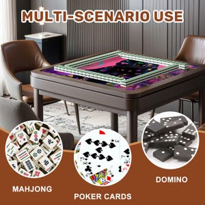 May include: A brown wooden game table with mahjong tiles, playing cards, and dominoes. The table has a decorative surface and is surrounded by chairs. The text "MULTI-SCENARIO USE" is at the top.