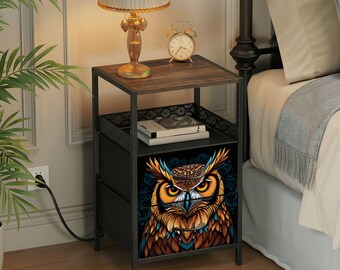 Vintage Owl Nightstand with Charging Station Dark Academia End Table Bedside Table with USB Ports and Outlets Farmhouse Bedroom Nursery
