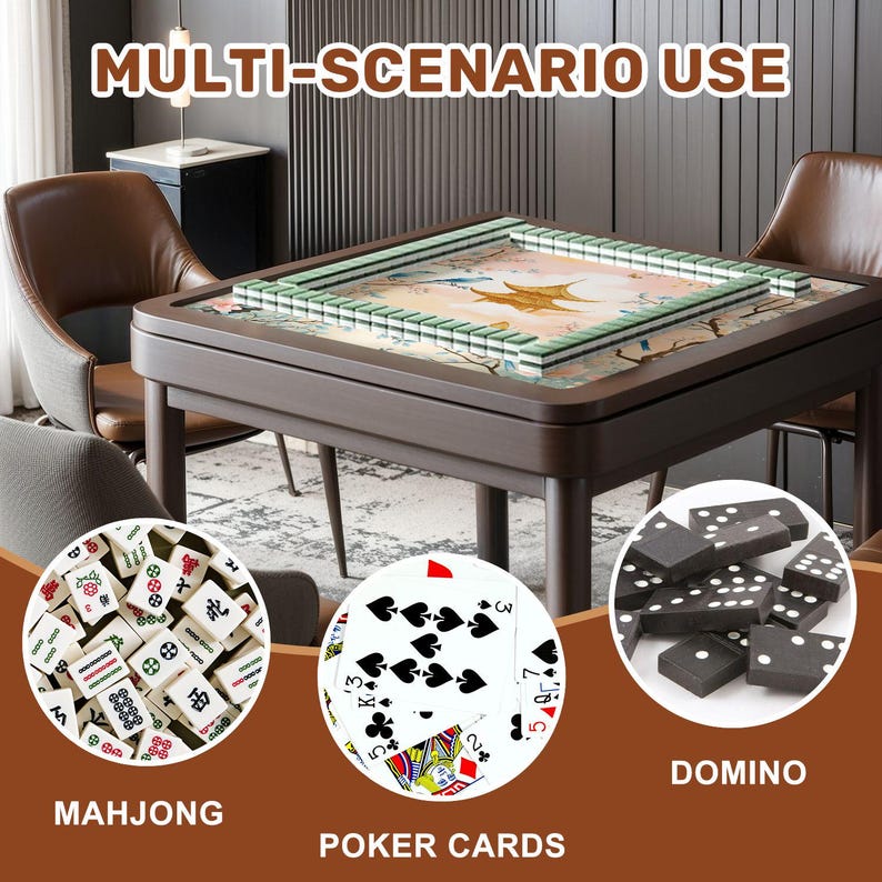 Puede incluir: Una mesa de juego marr&oacute;n oscuro con un juego de Mahjong con borde verde, cartas de p&oacute;quer y domin&oacute;. La mesa tiene una superficie decorativa y est&aacute; rodeada de sillas. El texto "MULTI-SCENARIO USE" se muestra en la parte superior.