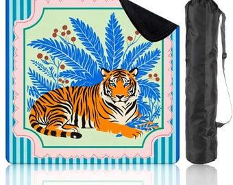 Preppy Chinoiserie Tiger Mahjong Mat with Carrying Bag Striped Table Cover Perfect for Poker, Card, Board & Tile Games Gift for Players