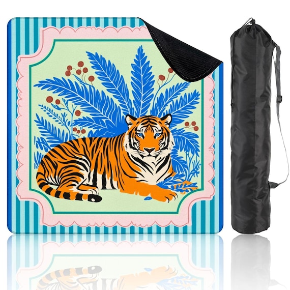 Preppy Chinoiserie Tiger Mahjong Mat with Carrying Bag Striped Table Cover Perfect for Poker, Card, Board & Tile Games Gift for Players
