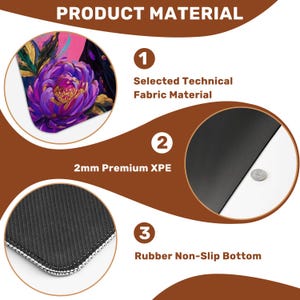 May include: An image detailing the materials of a mousepad. It shows a floral design, a 2mm XPE layer, and a rubber non-slip base. The text on the image reads "Product Material".