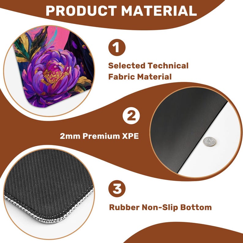 May include: An image detailing the materials of a mousepad. It shows a floral design, a 2mm XPE layer, and a rubber non-slip base. The text on the image reads "Product Material".
