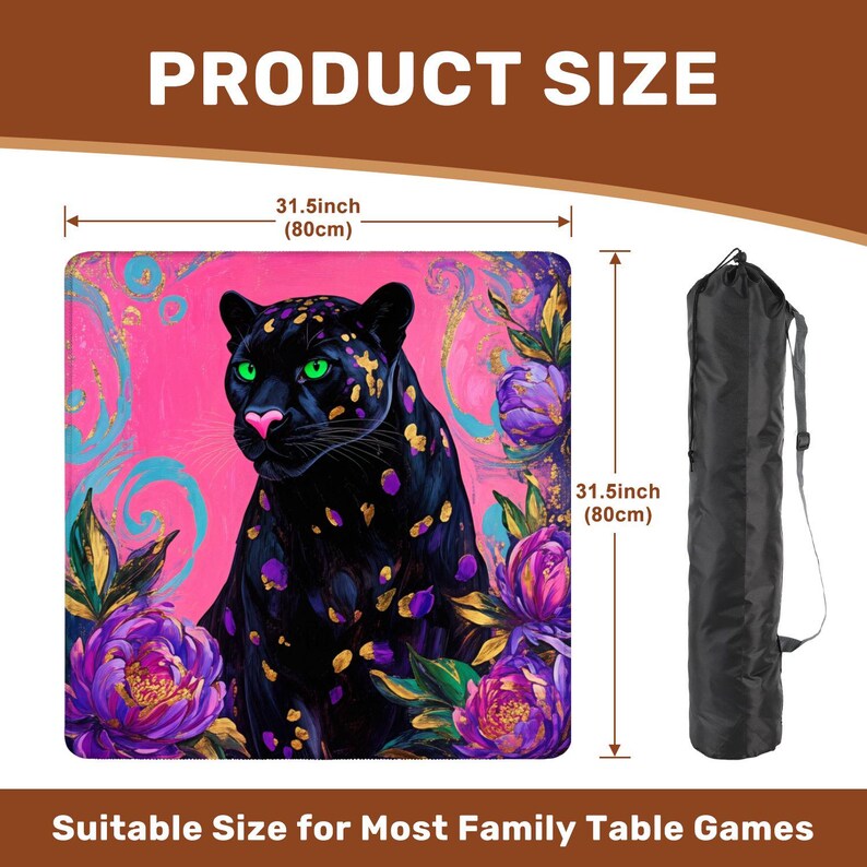 May include: A square table game mat featuring a black panther with green eyes and purple spots, surrounded by purple flowers on a pink background. The mat is 80cm square and comes with a black carrying bag. Text reads "PRODUCT SIZE" and "Suitable Size for Most Family Table Games."