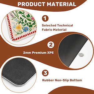 May include: Product material graphic with three sections. Section 1 shows a floral design on fabric. Section 2 states "2mm Premium XPE". Section 3 shows a textured black surface with the text "Rubber Non-Slip Bottom".