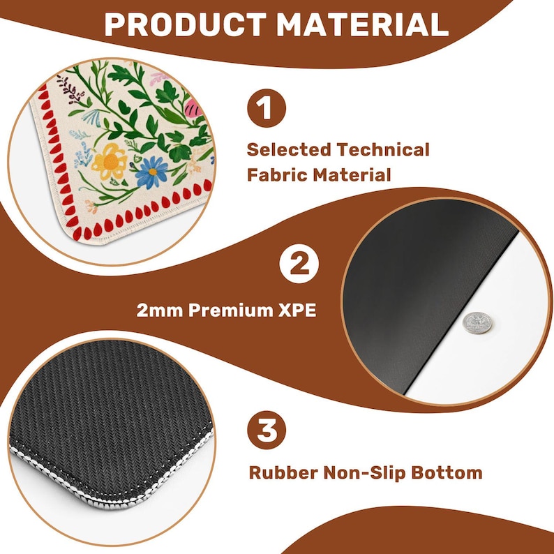 May include: Product material graphic with three sections. Section 1 shows a floral design on fabric. Section 2 states "2mm Premium XPE". Section 3 shows a textured black surface with the text "Rubber Non-Slip Bottom".