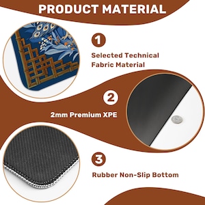 May include: An image showcasing the product material of a desk mat. The mat features a selected technical fabric, 2mm premium XPE, and a rubber non-slip bottom. The top layer has a blue floral design with gold accents.