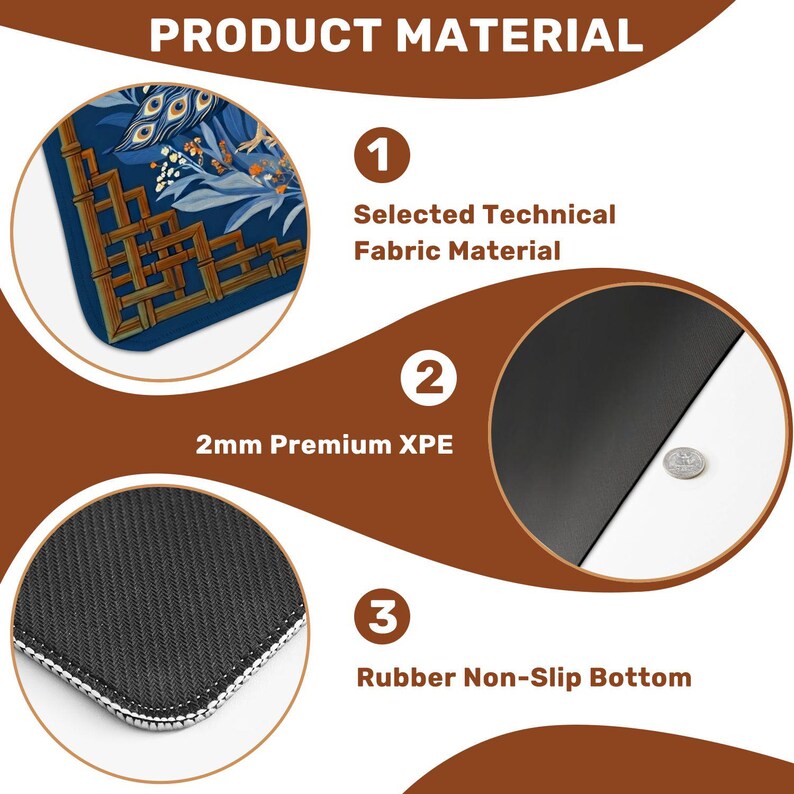 May include: An image showcasing the product material of a desk mat. The mat features a selected technical fabric, 2mm premium XPE, and a rubber non-slip bottom. The top layer has a blue floral design with gold accents.